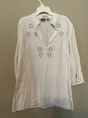 Vintage Edward Irish Linen V-Neck Tunic with Beaded Embroidery